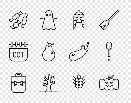 Set line School backpack, Pumpkin, Winter hat, Bare tree, Candy, Pear, Whea.. Stock Illustration