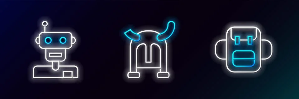 Set line School backpack, Robot and Viking in horned helmet icon. Glowing neon 스톡 일러스트