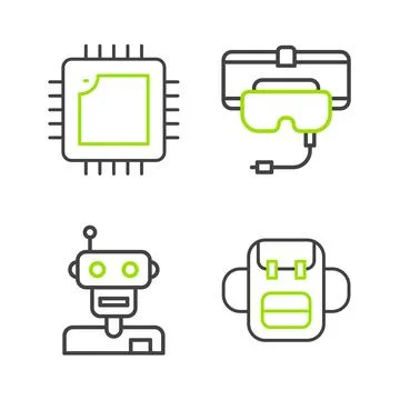 Set line School backpack, Robot, Virtual reality glasses and Processor with CPU Illustrazione stock