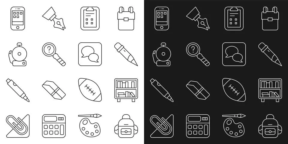 Set line School backpack, Shelf with books, Pencil eraser, Exam sheet check.. Illustrazione stock