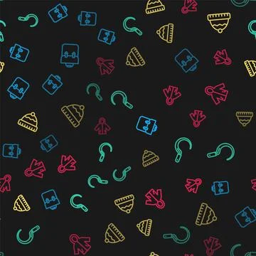 Set line School backpack, Sickle, Winter hat and Raincoat on seamless pattern Stock Illustration