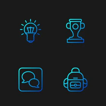 Set line School backpack, Speech bubble chat, Light bulb and Award cup. Gradient Stock Illustration