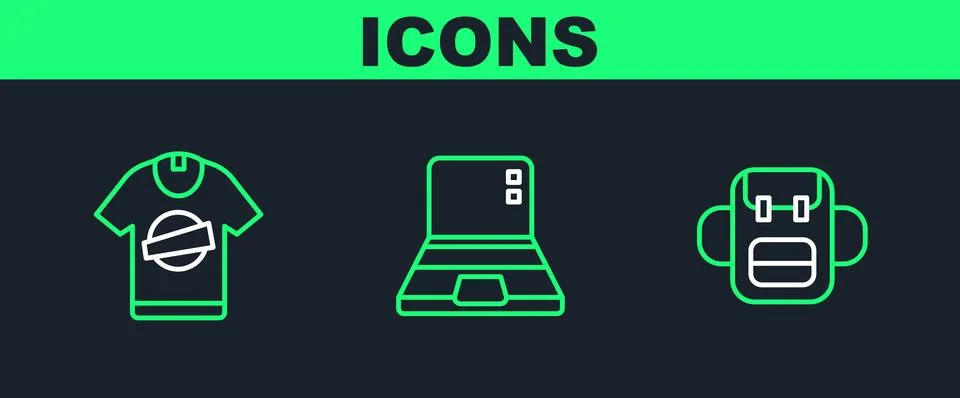 Set line School backpack, T-shirt and Laptop icon. Vector Stock Illustration