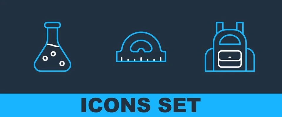 Set line School backpack, Test tube and Protractor grid icon. Vector 库存插图