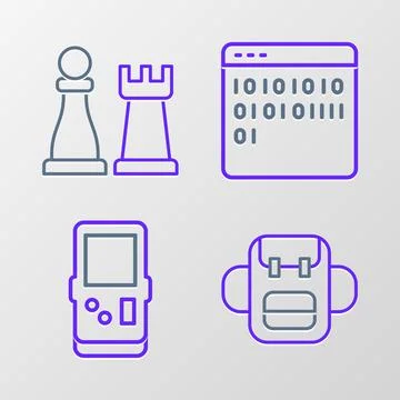Set line School backpack, Tetris, Binary code and Chess icon. Vector Stock Illustration