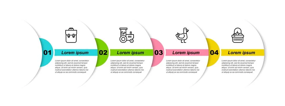 Set line School backpack, Tractor, Dove and Basket and food. Business infog.. Stock Illustration