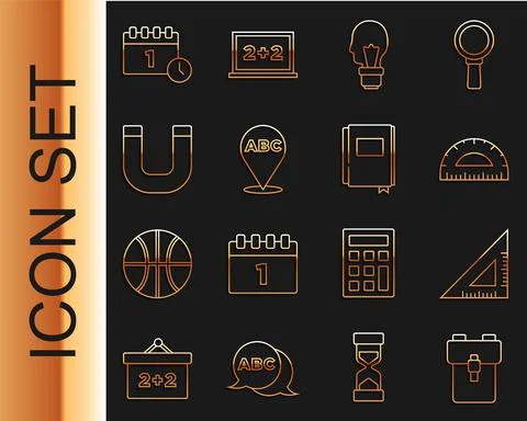 Set line School backpack, Triangular ruler, Protractor, Light bulb with concept Illustrazione stock