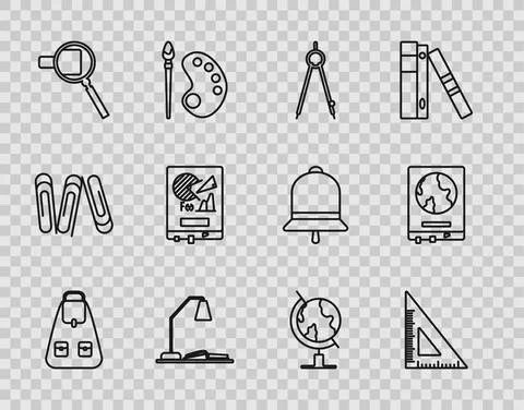 Set line School backpack, Triangular ruler, Drawing compass, Workplace with Illustrazione stock