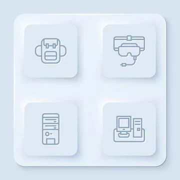 Set line School backpack, Virtual reality glasses, Computer and Monitor with Illustrazione stock