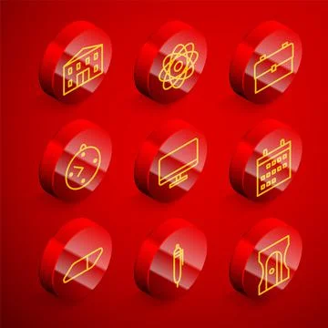 Set line School building, Atom, backpack, Clock, Computer monitor screen Stock-Illustration