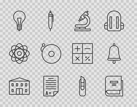 Set line School building, Book, Microscope, Exam sheet with A plus grade, L.. Ilustración de archivo