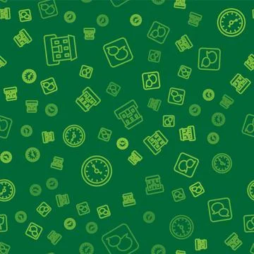 Set line School building, Clock and Speech bubble chat on seamless pattern Ilustración de archivo