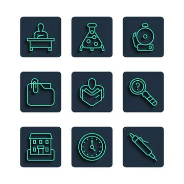 Set line School building, Clock, Pen, Ringing alarm bell, Man reading book, D Ilustración de archivo