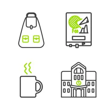 Set line School building, Coffee cup, Board with graph chart and backpack i.. Ilustración de archivo