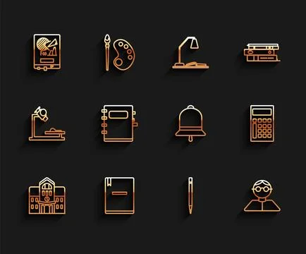 Set line School building, Notebook, Board with graph chart, Pencil eraser, .. Ilustración de archivo