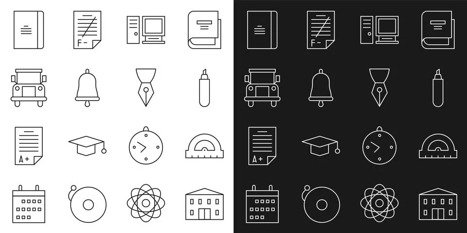 Set line School building, Protractor, Marker pen, Computer monitor, Ringing b Ilustración de archivo