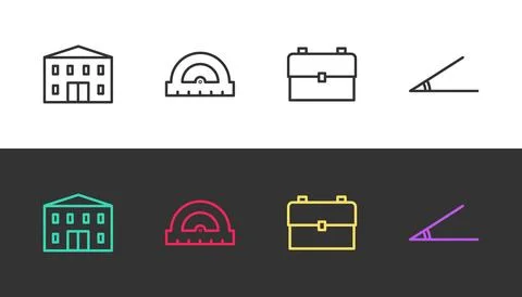 Set line School building, Protractor, backpack and Acute angle on black and w Illustrazione stock