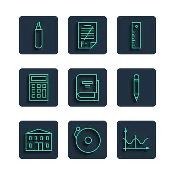 Set line School building, Ringing alarm bell, Graph, schedule, chart, diagram Ilustración de archivo