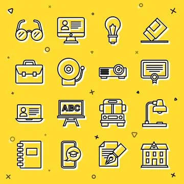 Set line School building, Table lamp, Certificate template, Light bulb with idea Ilustración de archivo