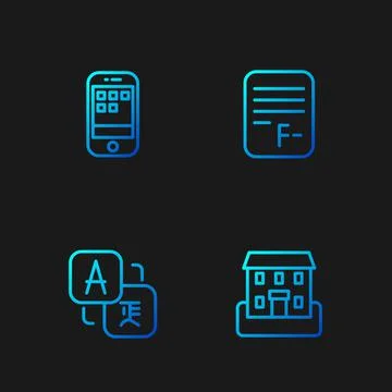 Set line School building, Translator, Smartphone and Exam paper with incorrec Ilustración de archivo