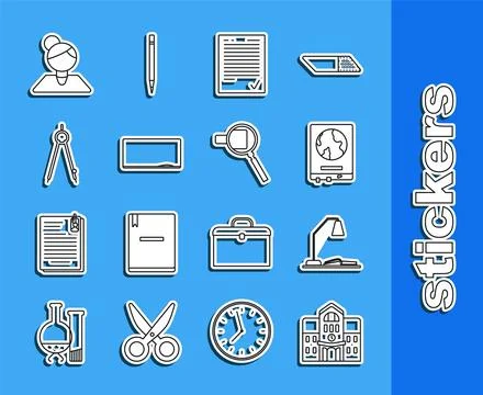Set line School building, Workplace with table lamp and open book, World map on Ilustración de archivo