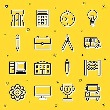 Set line School Bus, Abacus, Clock, backpack, Pencil with eraser, sharpener and Illustrazione stock