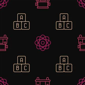 Set line School Bus, ABC blocks and Atom on seamless pattern. Vector Stock Illustration