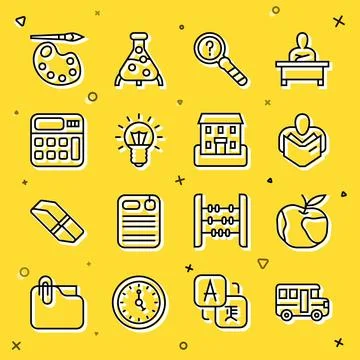 Set line School Bus, Apple, Man reading book, Unknown search, Light bulb Stock Illustration