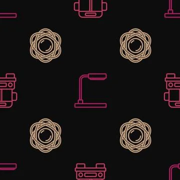 Set line School Bus, Atom and Table lamp on seamless pattern. Vector Stock Illustration
