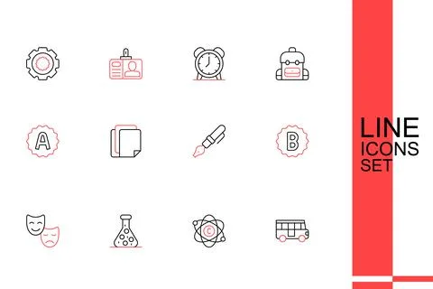 Set line School Bus, Atom, Test tube, Comedy and tragedy masks, Exam paper .. Illustrazione stock