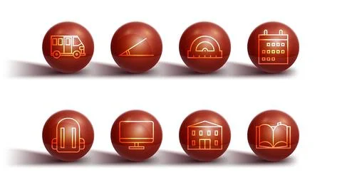 Set line School Bus, backpack, Calendar, building, Computer monitor screen Stock Illustration