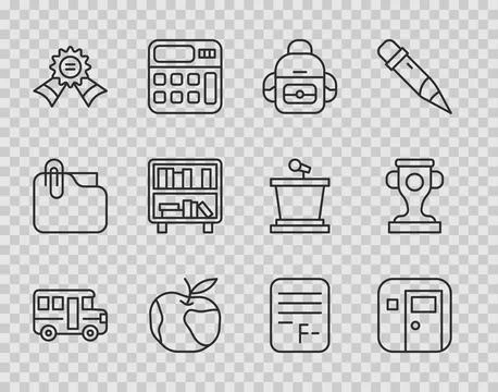 Set line School Bus, classroom, backpack, Apple, Medal, Shelf with books, Exam Stock Illustration