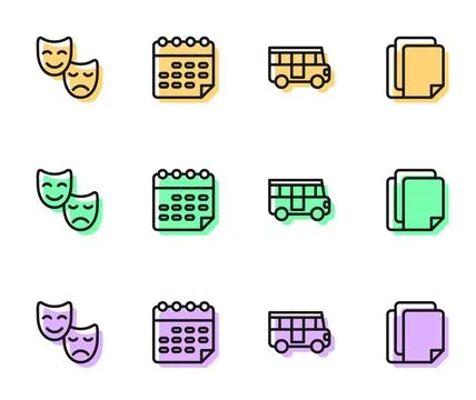 Set line School Bus, Comedy and tragedy masks, timetable and File document icon Stock Illustration