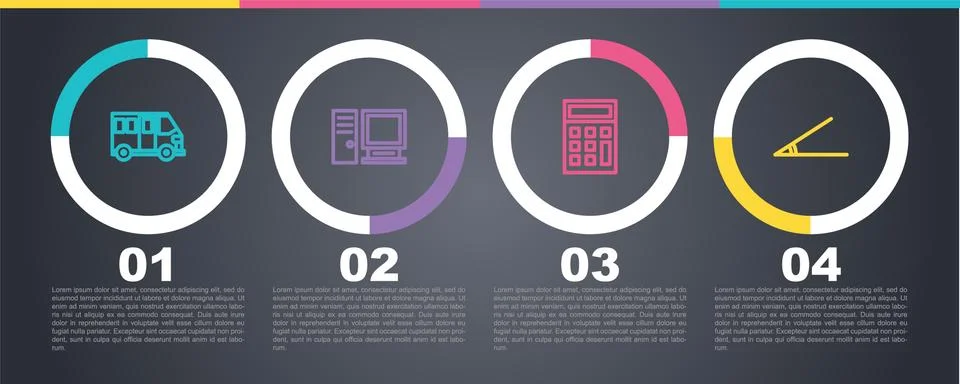 Set line School Bus, Computer monitor, Calculator and Acute angle. Business Stock Illustration