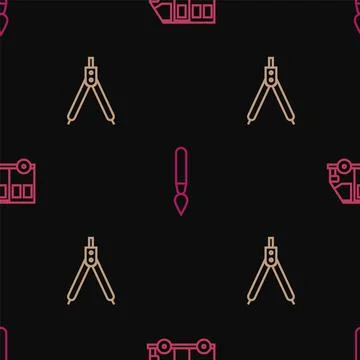 Set line School Bus, Drawing compass and Paint brush on seamless pattern. Vector Stock Illustration