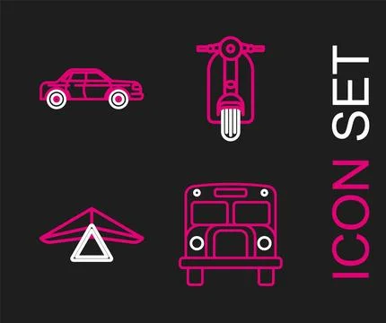 Set line School Bus, Hang glider, Scooter and Sedan car icon. Vector 스톡 일러스트