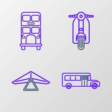 Set line School Bus, Hang glider, Scooter and Double decker bus icon. Vector Stock Illustration