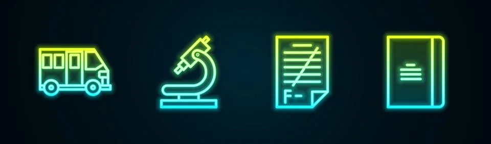 Set line School Bus, Microscope, Exam paper with incorrect answers and Spiral イラスト素材