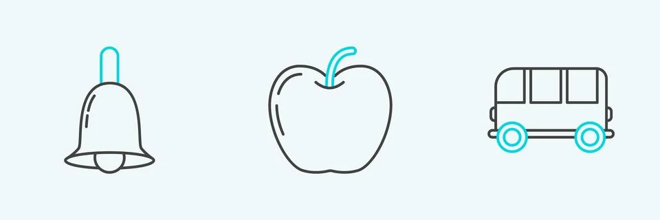 Set line School Bus, Ringing bell and Apple icon. Vector Stock Illustration