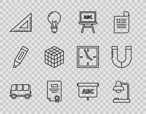 Set line School Bus, Table lamp, Chalkboard, Certificate template, Triangular Stock Illustration