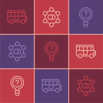 Set line School Bus, Unknown search and Molecule icon. Vector Stock Illustration