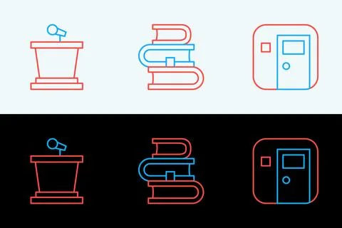 Set line School classroom, Stage stand and Book icon. Vector Stock Illustration