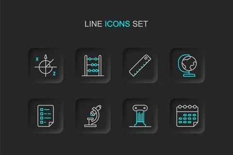 Set line School timetable, Law pillar, Microscope, Clipboard with checklist.. Stock Illustration