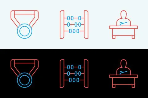 Set line Schoolboy sitting at desk, Medal and Abacus icon. Vector Stock Illustration