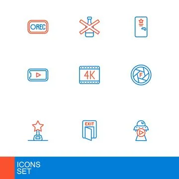 Set line Science fiction, Fire exit, Movie trophy, Camera shutter, Online p.. 库存插图