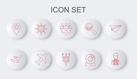 Set line Scientist and test tube, Plane, Project team base, Web camera, Location イラスト素材