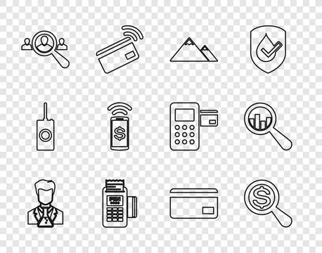 Set line Scientist and test tube, Magnifying glass dollar, Mountains, POS t.. Stock Illustration
