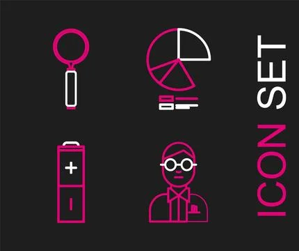 Set line Scientist, Battery, Pie chart infographic and Magnifying glass ico.. Stock Illustration