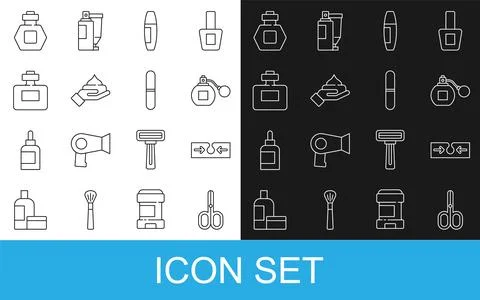 Set line Scissors, Acne, Perfume, Mascara brush, Cream lotion cosmetic tube.. Illustrazione stock