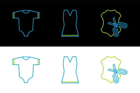 Set line Scissors and leather, Baby clothes and Woman dress icon. Vector Stock Illustration